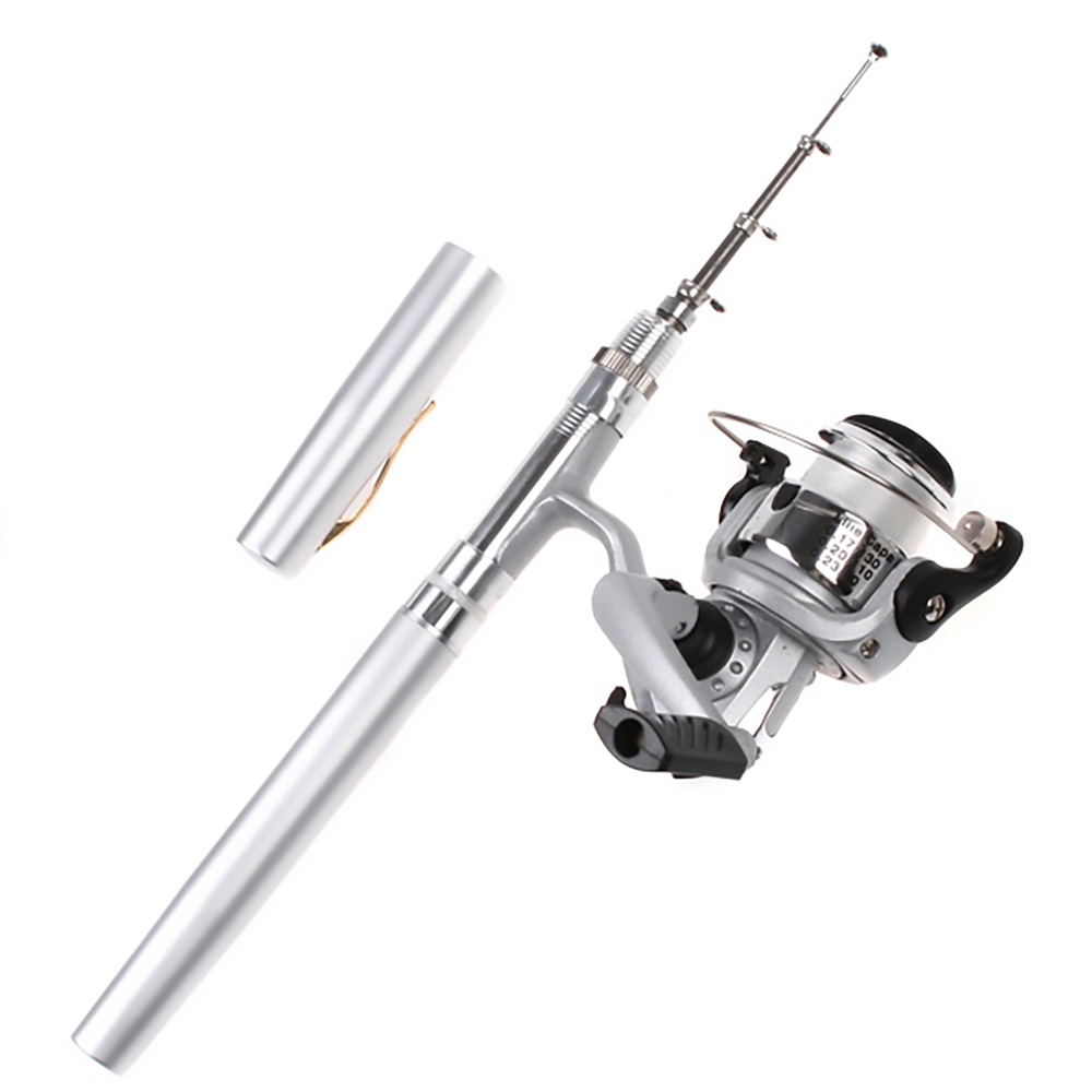 Fishing Rod Fly - ポータブル伸縮式ポケット釣り竿 軽量ミニペン釣り竿リール シルバーペン釣り竿 旅行釣り用