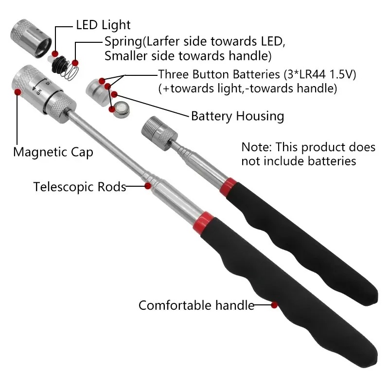 Fishing Rod Travel - 伸縮式磁気ペン LEDライト付き 拡張可能なピックアップロッド ミニポータブルマグネットツール ネジ、ナット、ボルト、金属部品用